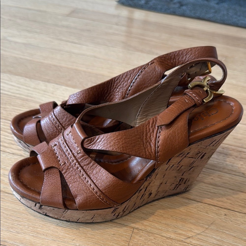 Chloe Brown Leather Wedge Sandals with Cork Heel